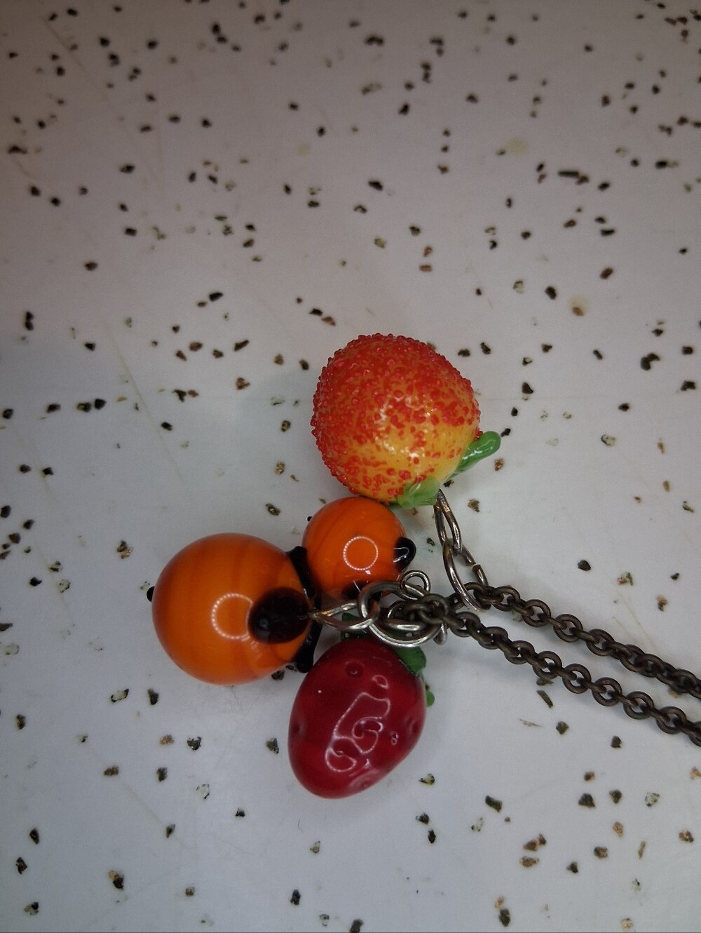 Glass Fruit Salad Charm Necklace - Orange, Peach And Strawberry Charms